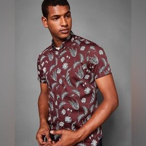 Ted Baker ⚜️ Mens Burgundy Floral Casual Shirt 100% Cotton